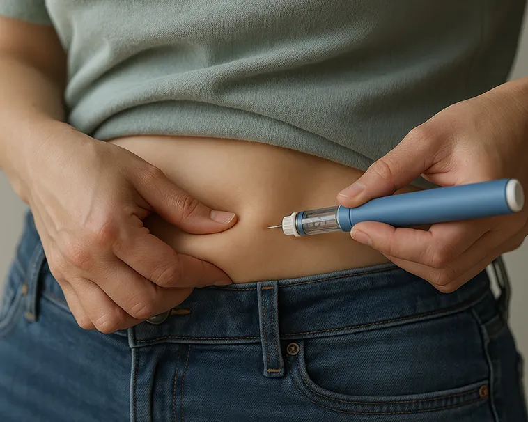 Person administering a GLP-1 injection into the abdomen using a medication pen, demonstrating how weight-loss treatments are self-injected under the skin.