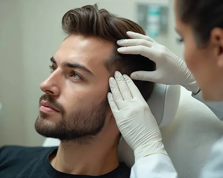 Male patient receiving a hair restoration consultation at La Bella Medispa, with a provider examining the scalp and hairline.