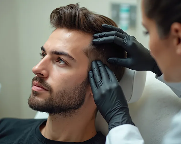 Male patient receiving a hair restoration consultation at La Bella Medispa, with a provider examining the scalp and hairline.