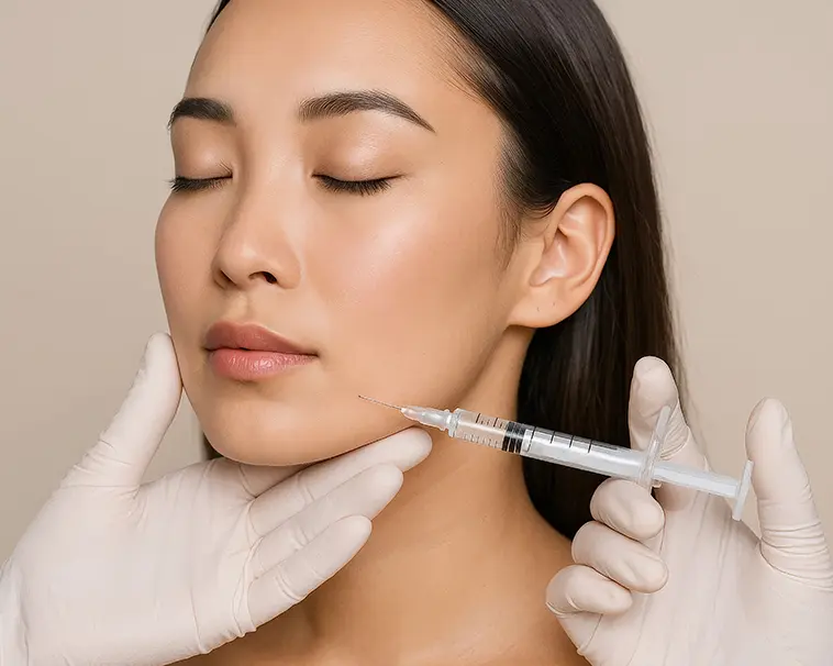 Close-up of a woman with eyes closed receiving a Sculptra collagen-stimulating injection to the cheek area, performed by a gloved practitioner at La Bella Medispa